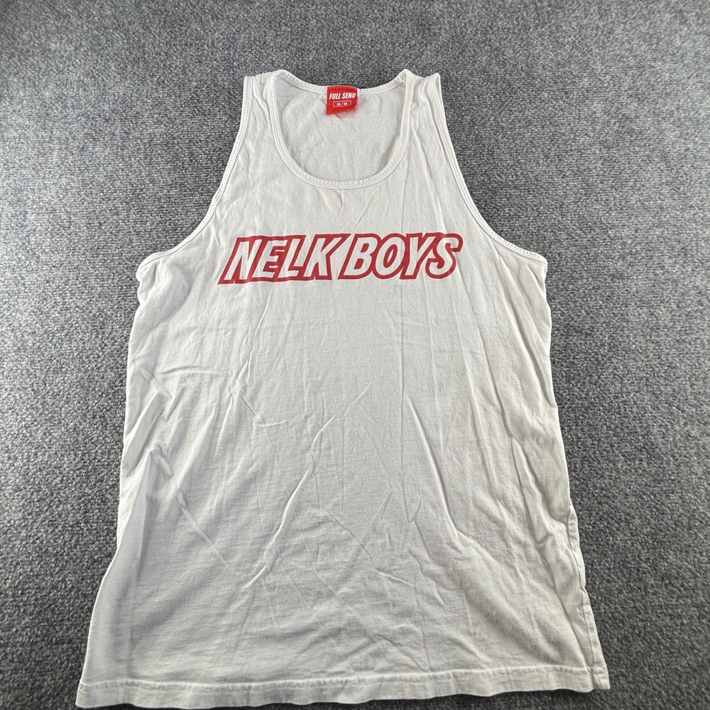 Full Send Nelk Boys Tank Top Mens Medium White Red Graphic Sleeveless Shirt